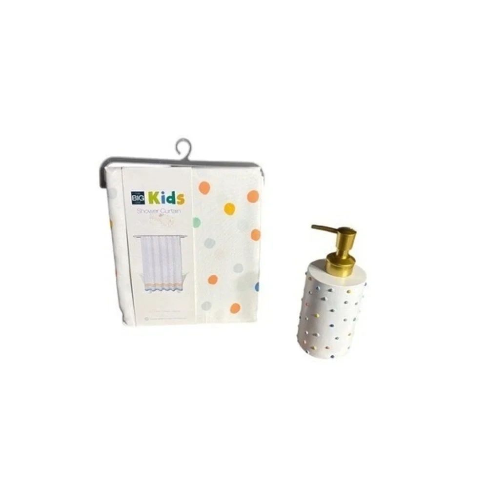 The Big One Polka Dot Bathroom Set Shower Curtain Soap Dispenser & Bath Mat NEW